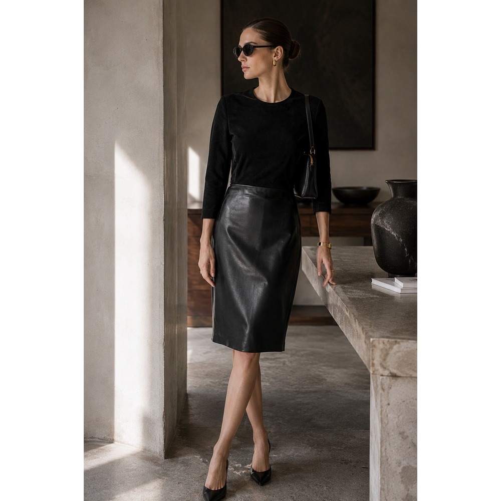 The Row Black Leather Suede Mixed Media Sheath Dress Size 8
